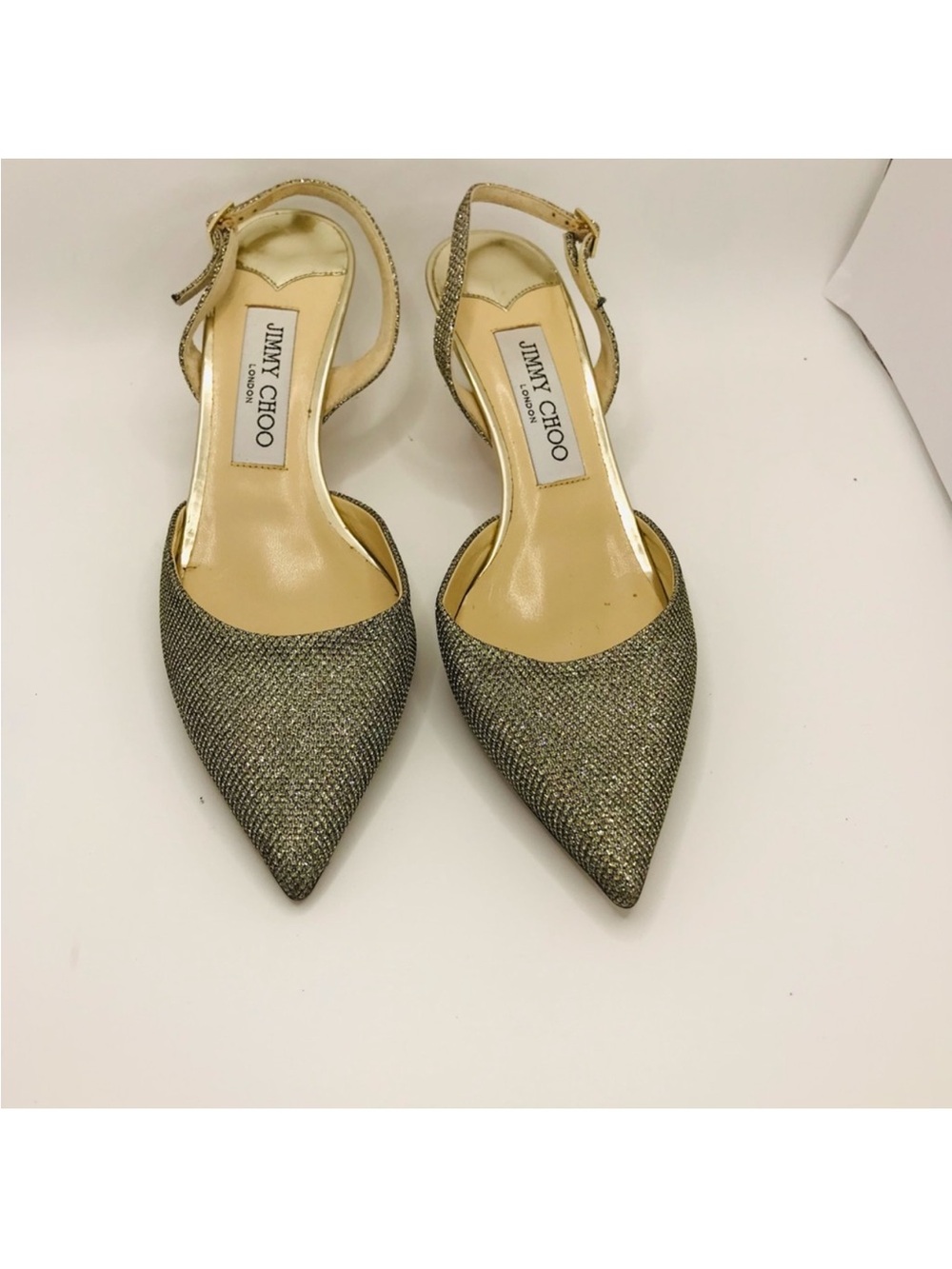 Jimmy Choo Gold Glitter Pointed Slingback Kitten Heels - Picture 9 of 9